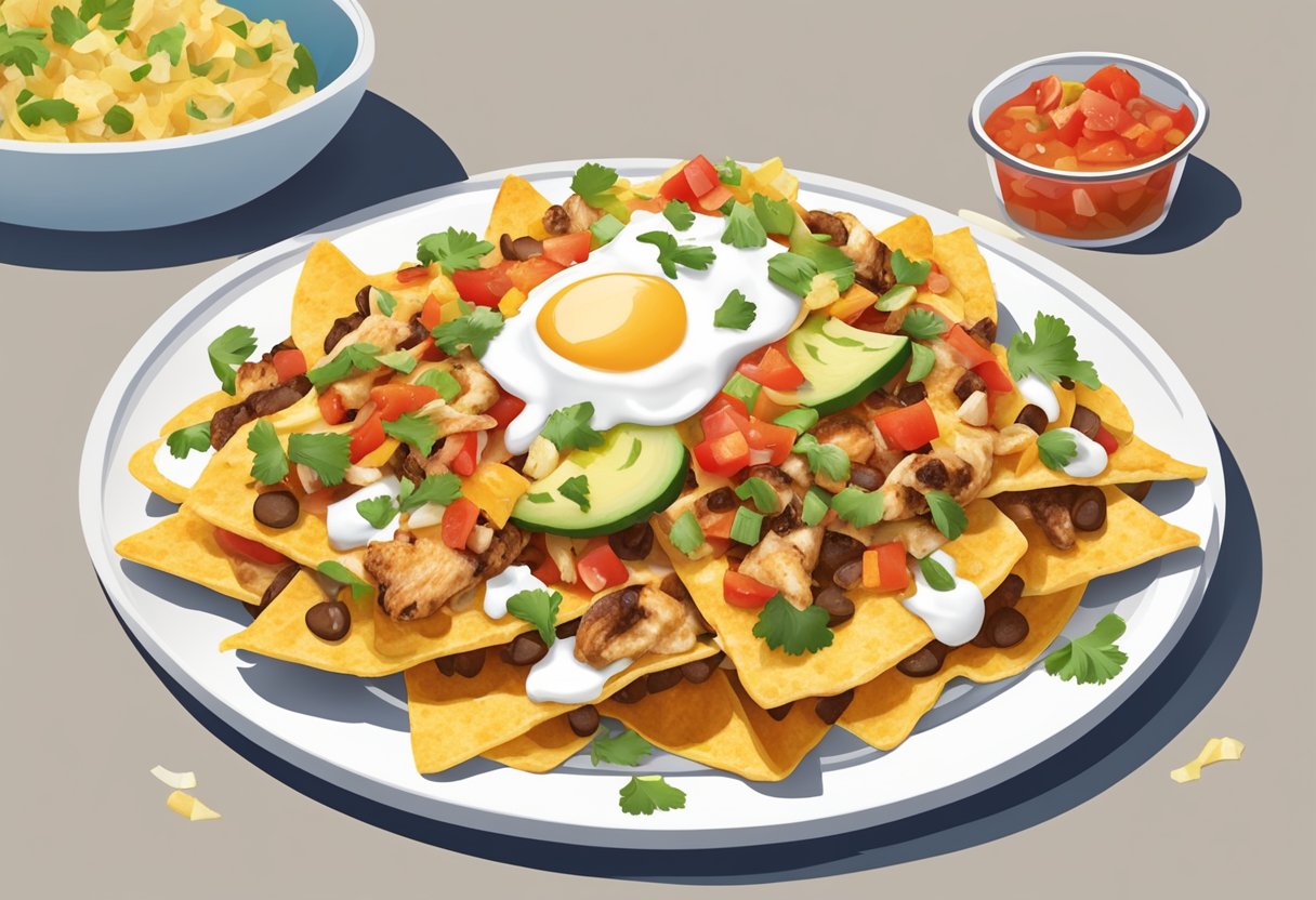 A plate of loaded nachos topped with grilled chicken, fresh salsa, melted cheese, and a dollop of sour cream