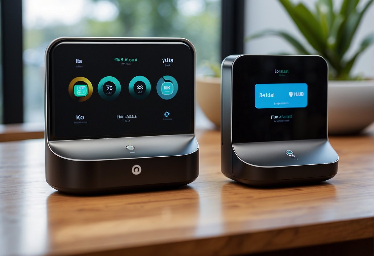 Two smart home hubs facing off, each with its own distinct logo and interface, symbolizing the rivalry between Hubitat and Home Assistant