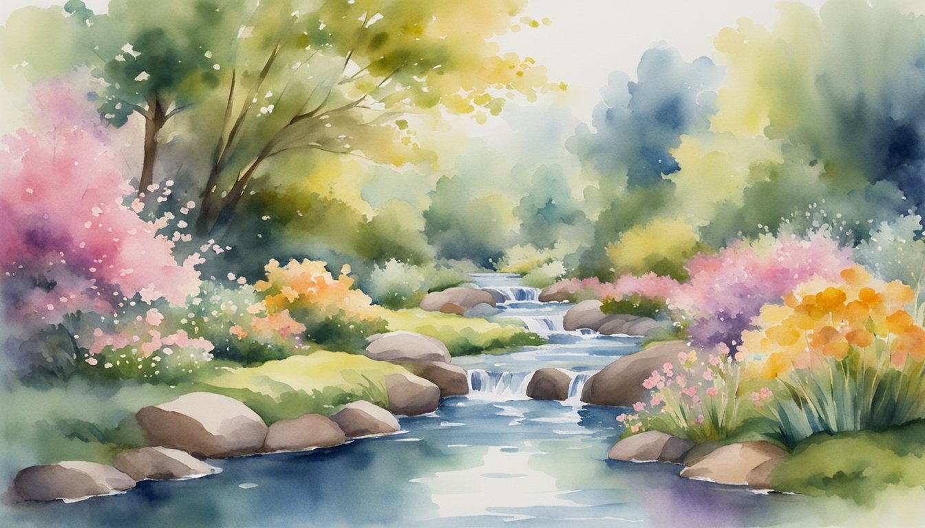 A serene garden with blooming flowers and a flowing stream, surrounded by peaceful and harmonious surroundings