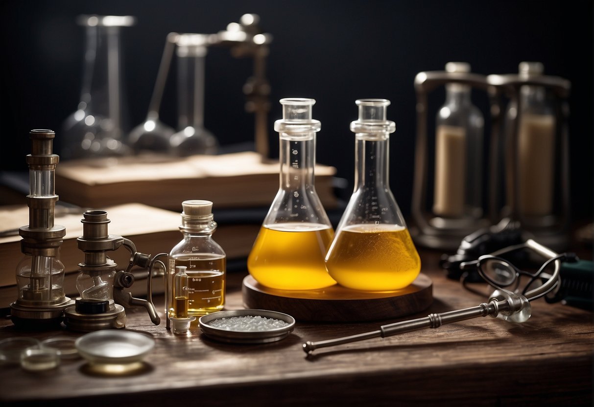 A laboratory table with beakers, test tubes, and scientific instruments. A microscope and a piece of sulfur. Books and papers on skincare and sulfur