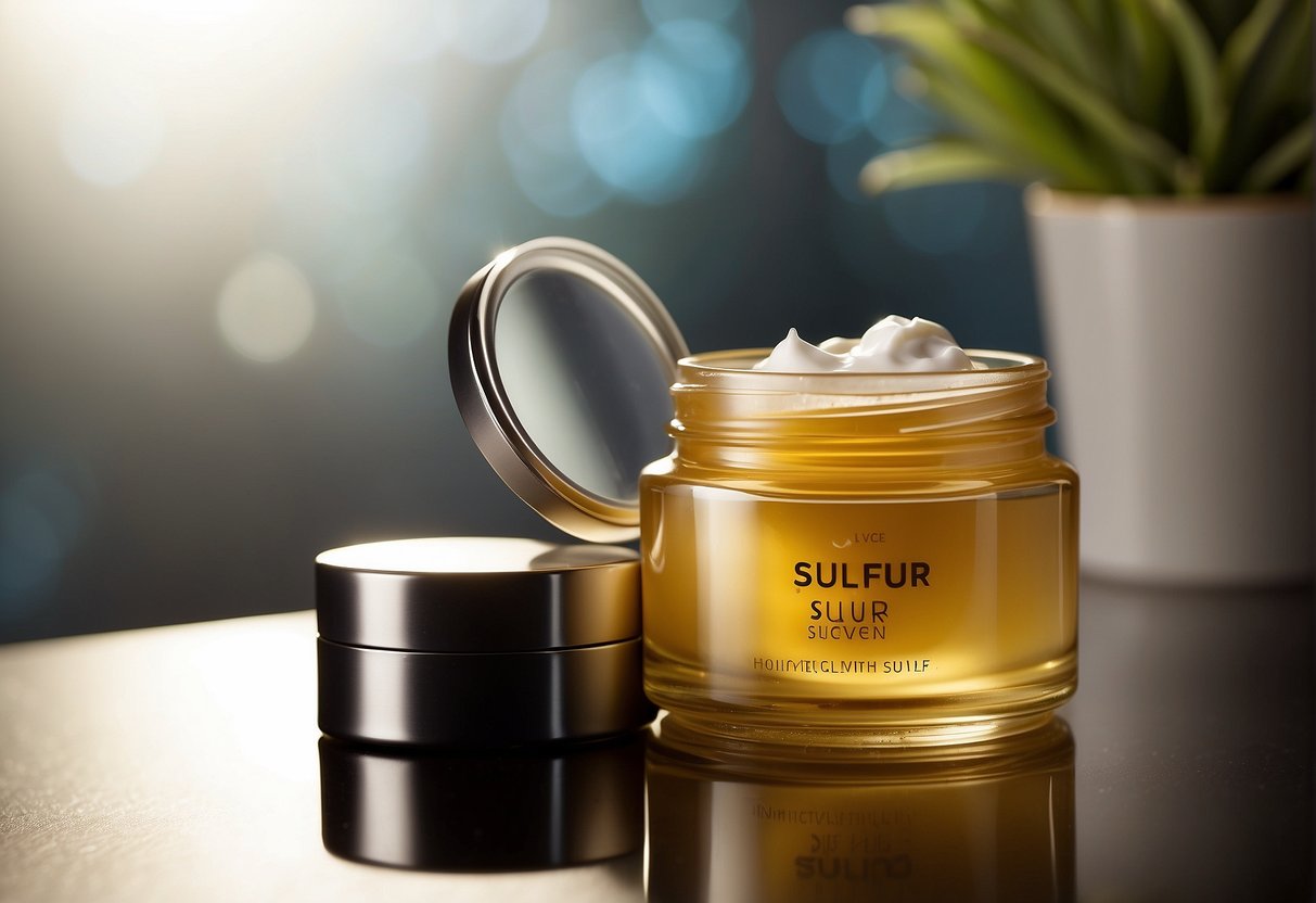 A jar of sulfur cream sits next to other acne treatments. A magnifying glass hovers over the jar, revealing its exfoliating properties