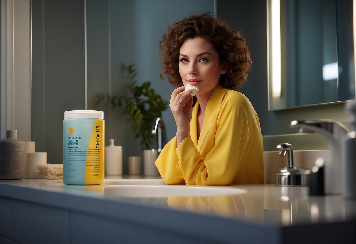 A jar of sulfur cream sits on a bathroom counter. A woman's face appears smooth and glowing after using the product