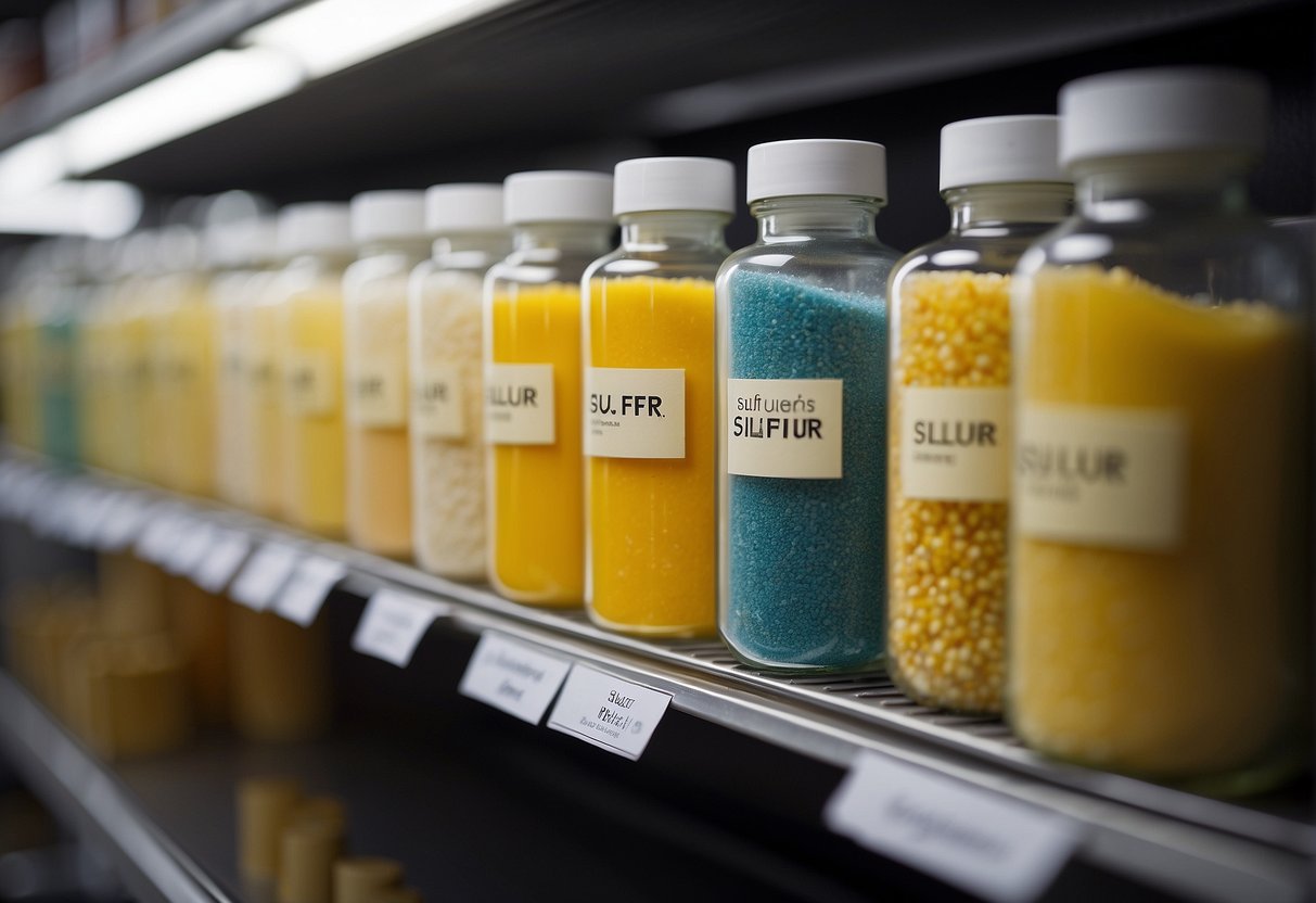 A hand reaches for different sulfur treatments on a shelf, with labels questioning sulfur's exfoliating properties