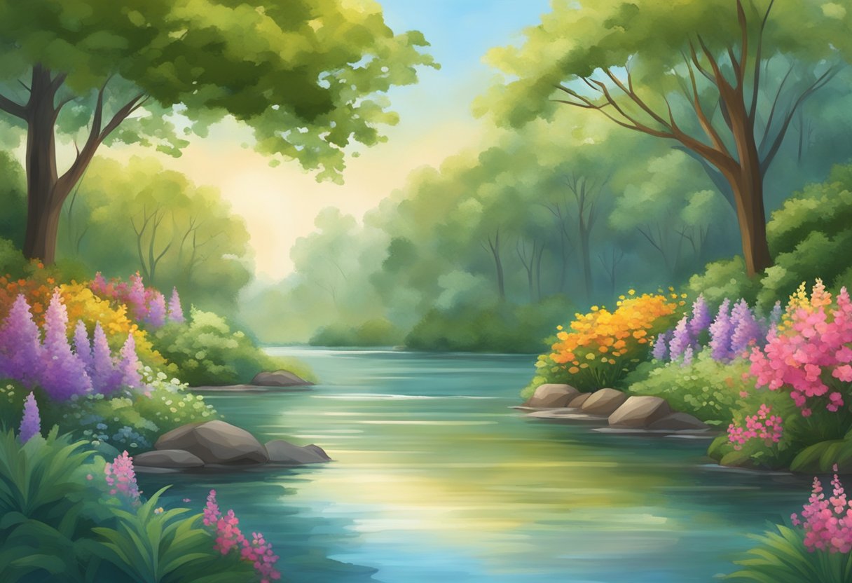 A serene natural setting with a calm body of water, surrounded by lush greenery and colorful flowers. A gentle breeze rustles the leaves, creating a peaceful atmosphere for mindfulness exercises