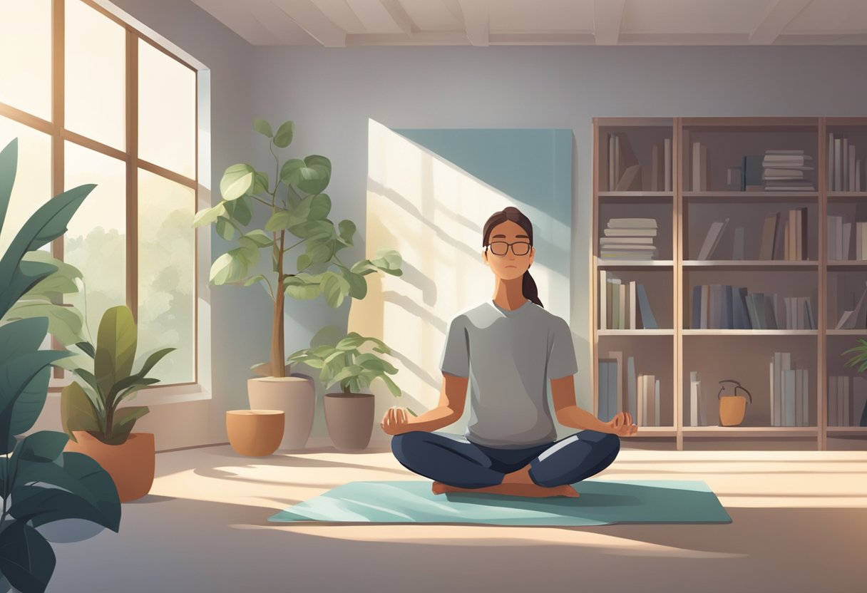 A serene, clutter-free workspace with a soft, natural light. A person meditating or practicing deep breathing. A calm, focused atmosphere