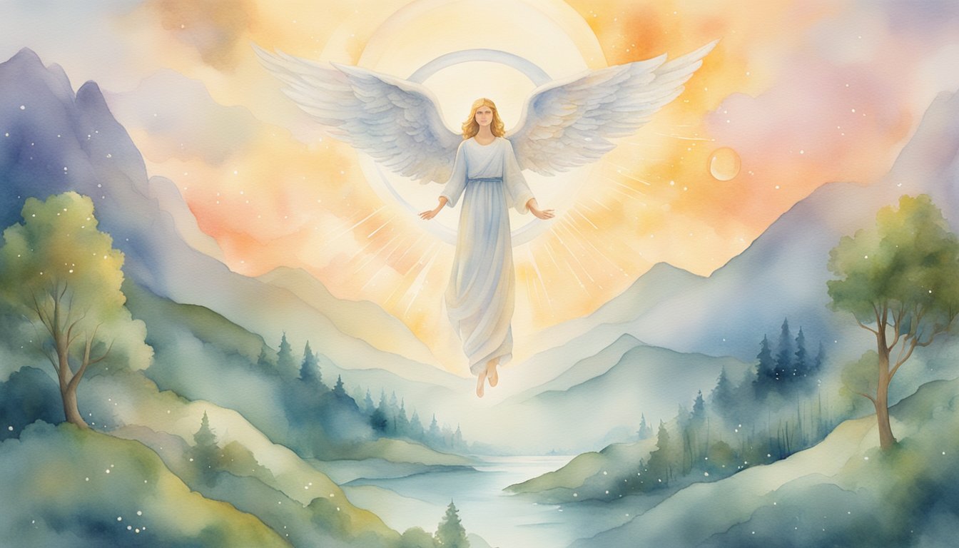 A glowing 704 angel number hovers above a serene landscape, surrounded by celestial symbols and a sense of divine presence