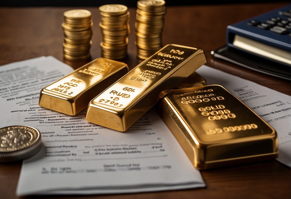 A stack of gold coins and bars, a rollover form, and a retirement account statement on a desk. A person researching "Gold IRA rollover" on a computer