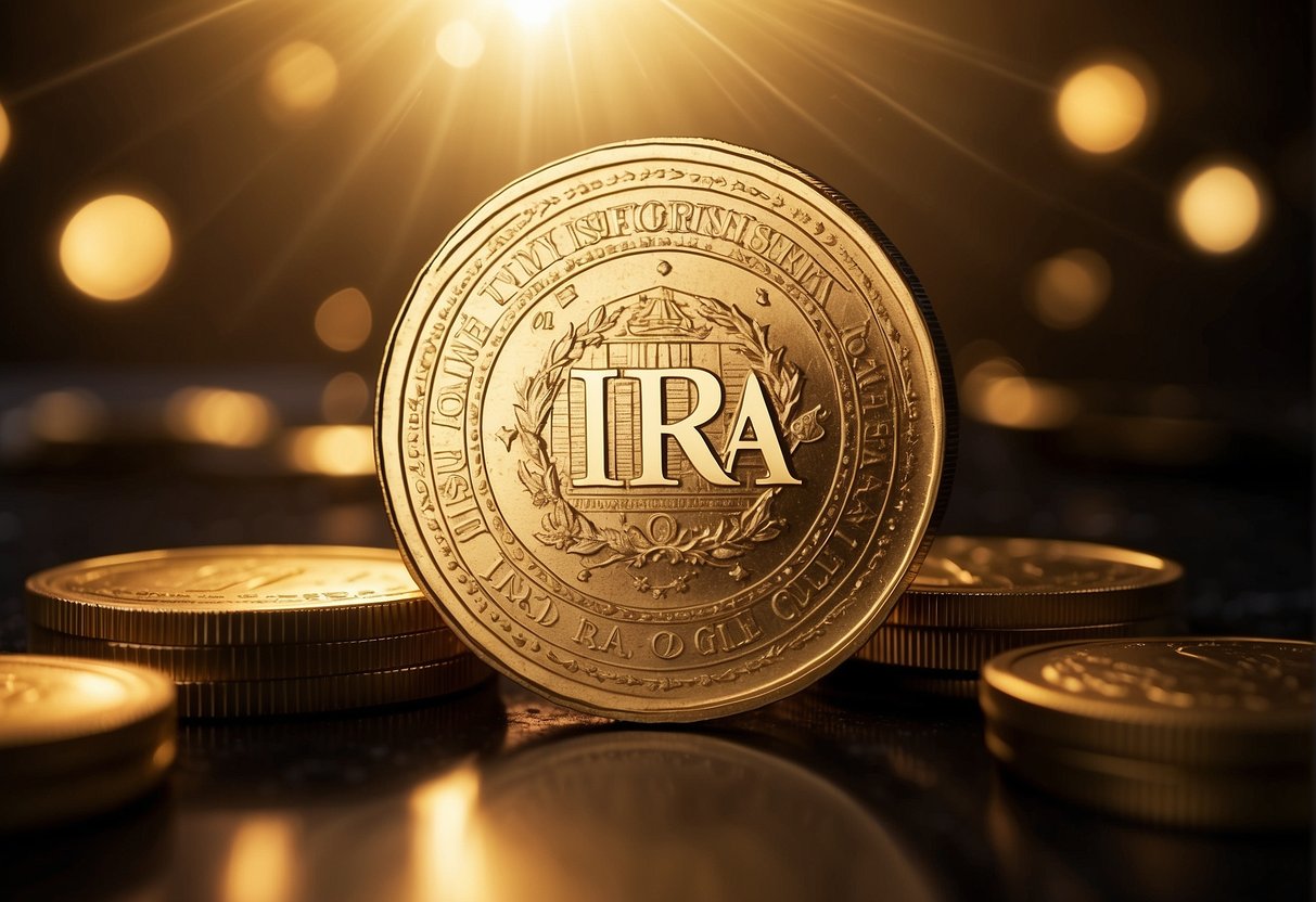 A golden coin with "IRA" engraved on it, surrounded by shining rays of light, representing the advantages of Gold IRAs