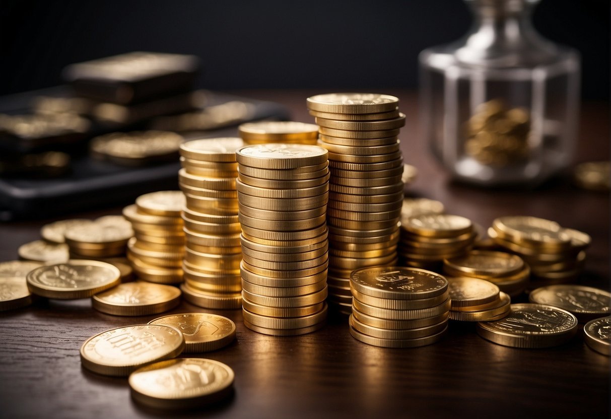 A stack of gold coins and bars arranged on a table, with a chart showing investment options and a list of pros and cons
