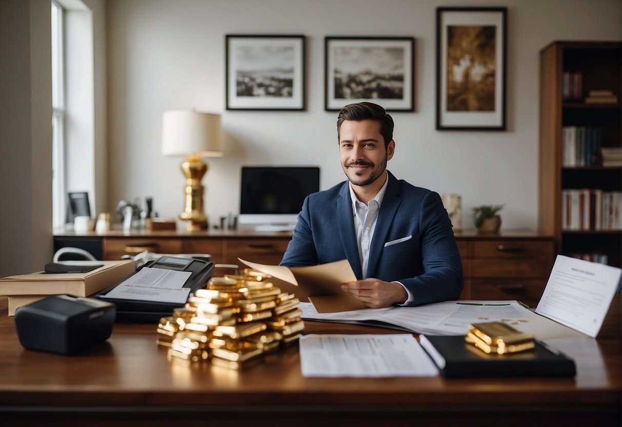 A person sits at a desk, surrounded by financial documents and a computer, while holding a brochure about Gold IRAs. They appear focused and engaged in financial planning