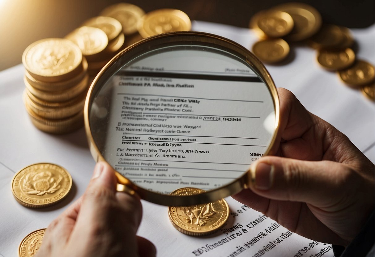 A hand holding a gold coin, with a magnifying glass examining a gold IRA transfer document. Pros and cons list in the background