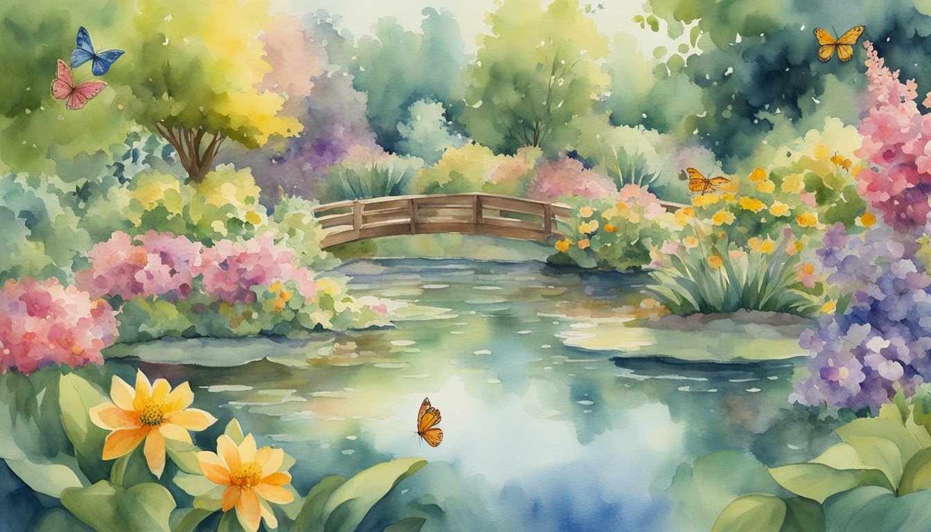 A lush garden with blooming flowers, vibrant fruits, and butterflies fluttering around.</p><p>A serene pond reflects the sun's rays, surrounded by peaceful animals