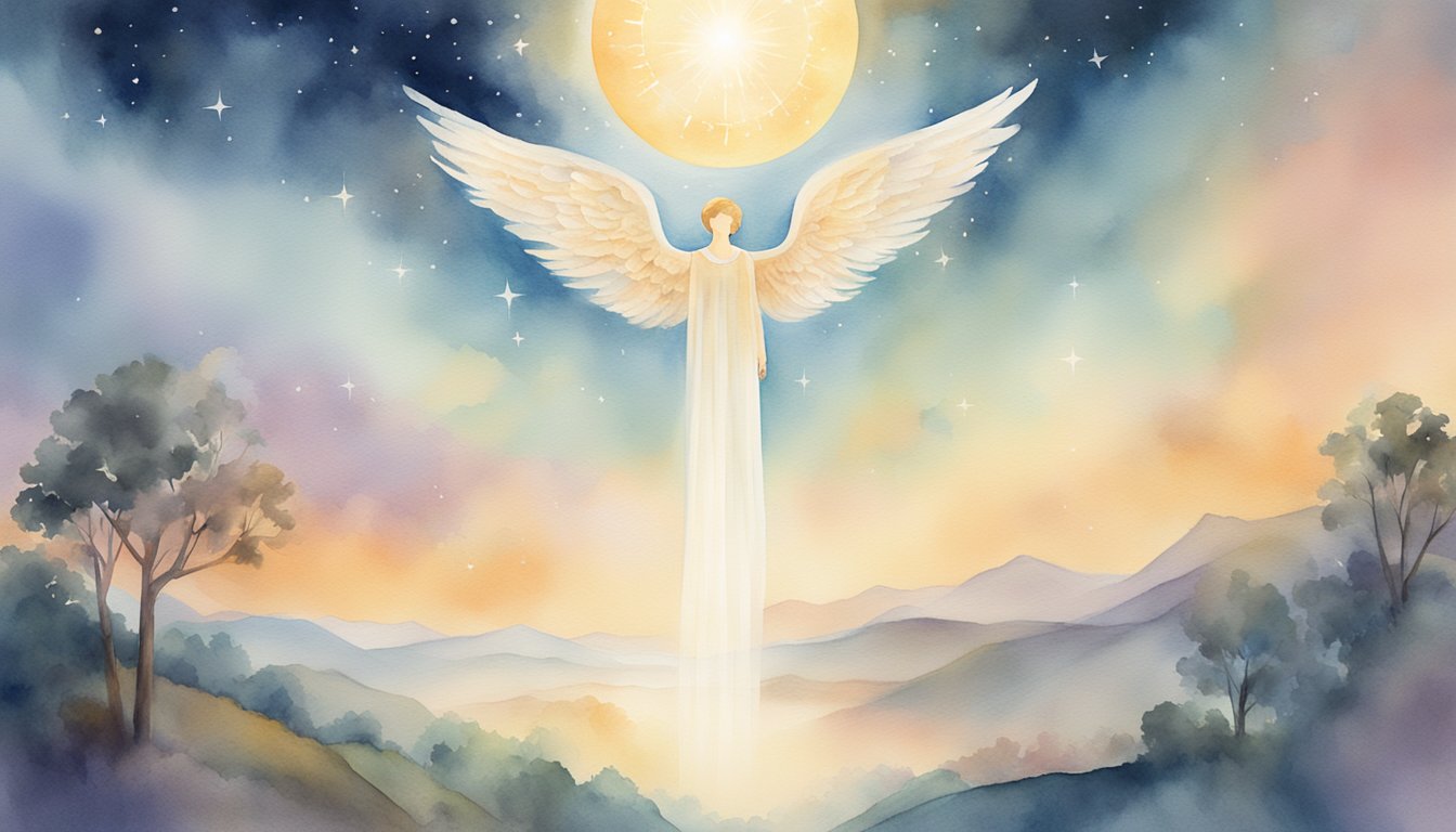 A glowing 876 angel number hovers above a serene landscape, surrounded by celestial symbols and soft, ethereal light
