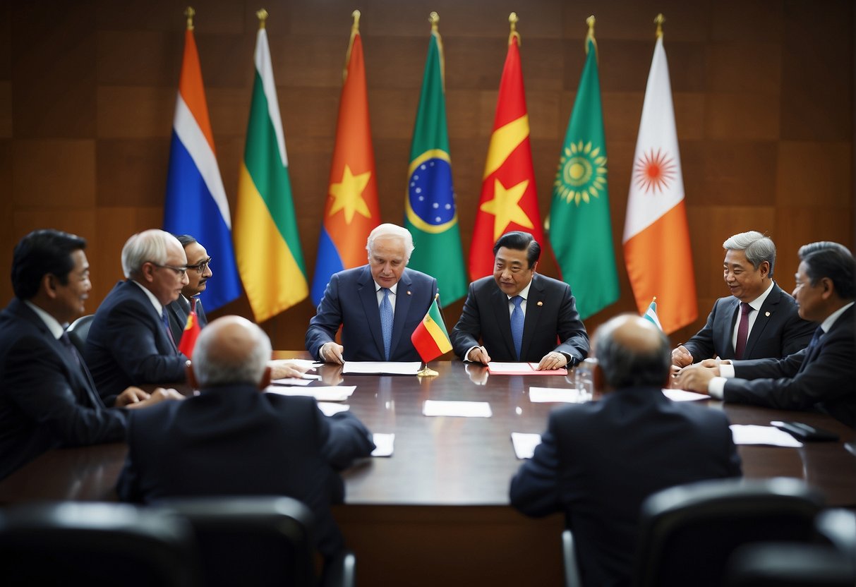 A group of BRICS leaders sign a treaty, symbolizing the creation of a new currency. Flags of member countries fly in the background