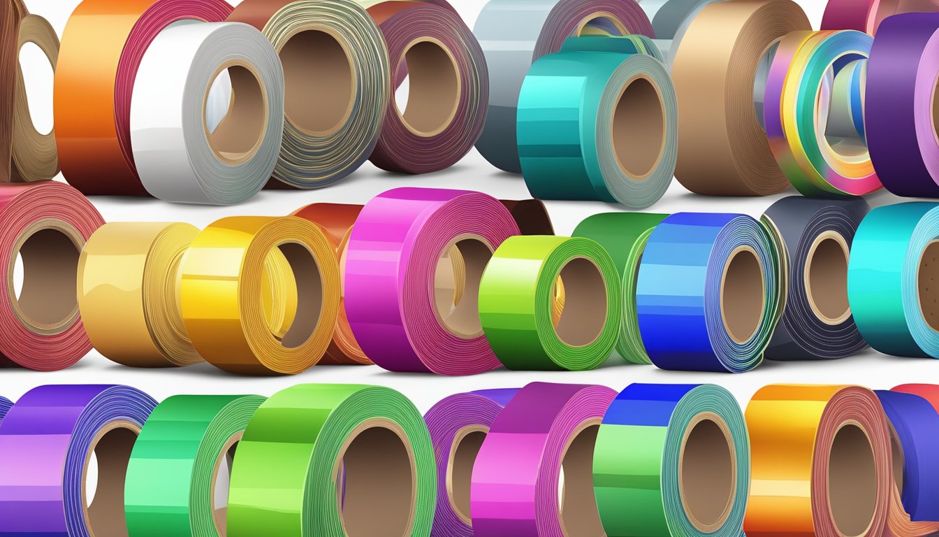 Color cloth tape rolls arranged in a spectrum on a white background