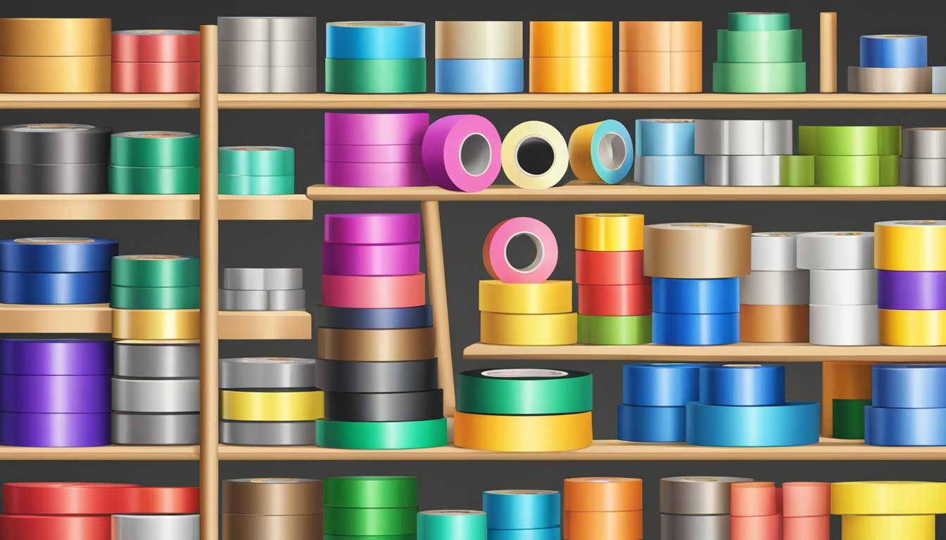 Color masking tape rolls in various colors, stacked on a shelf in a hardware store