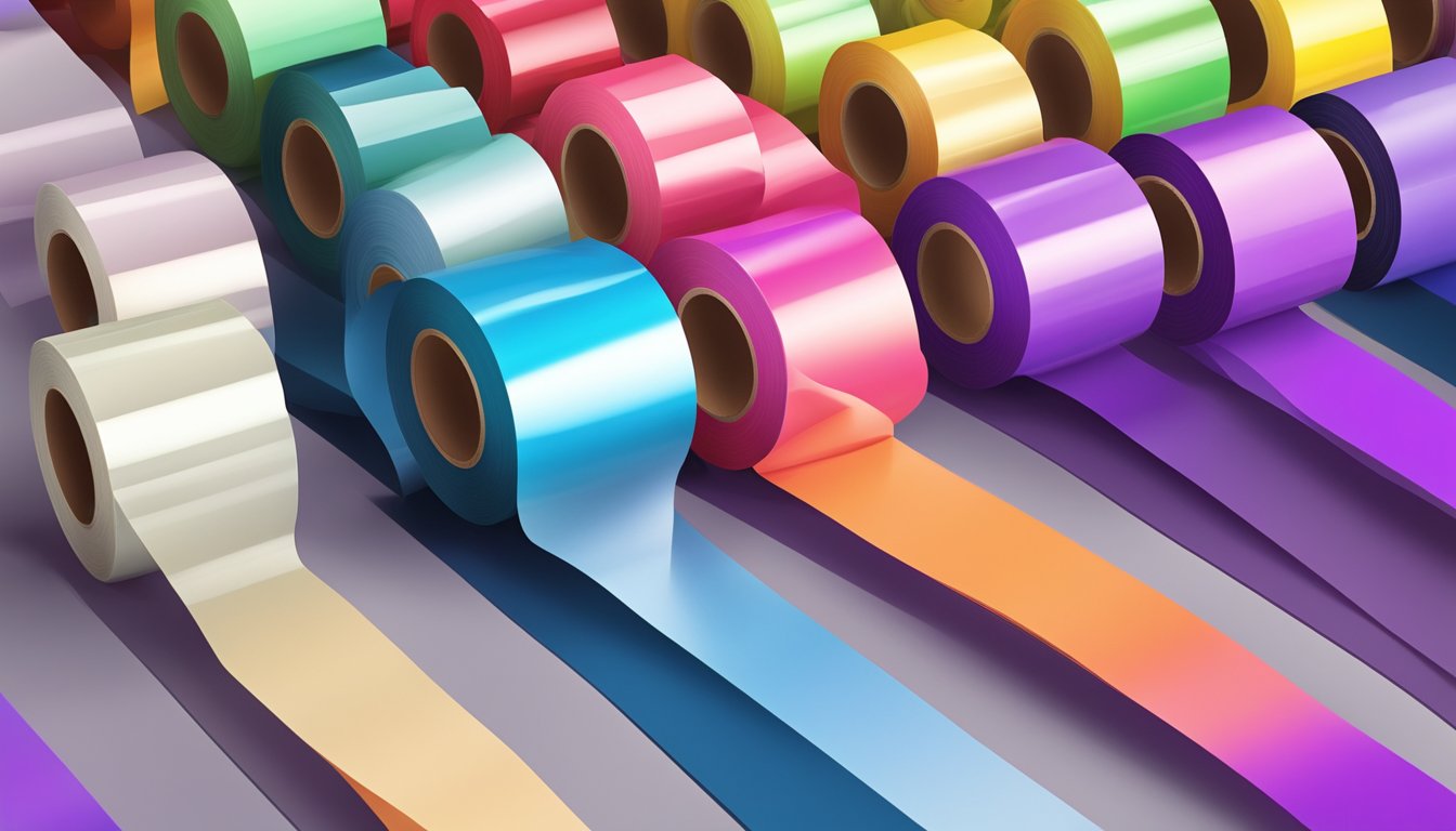Color masking tape rolls arranged in a spectrum from red to violet, with each color clearly visible and labeled