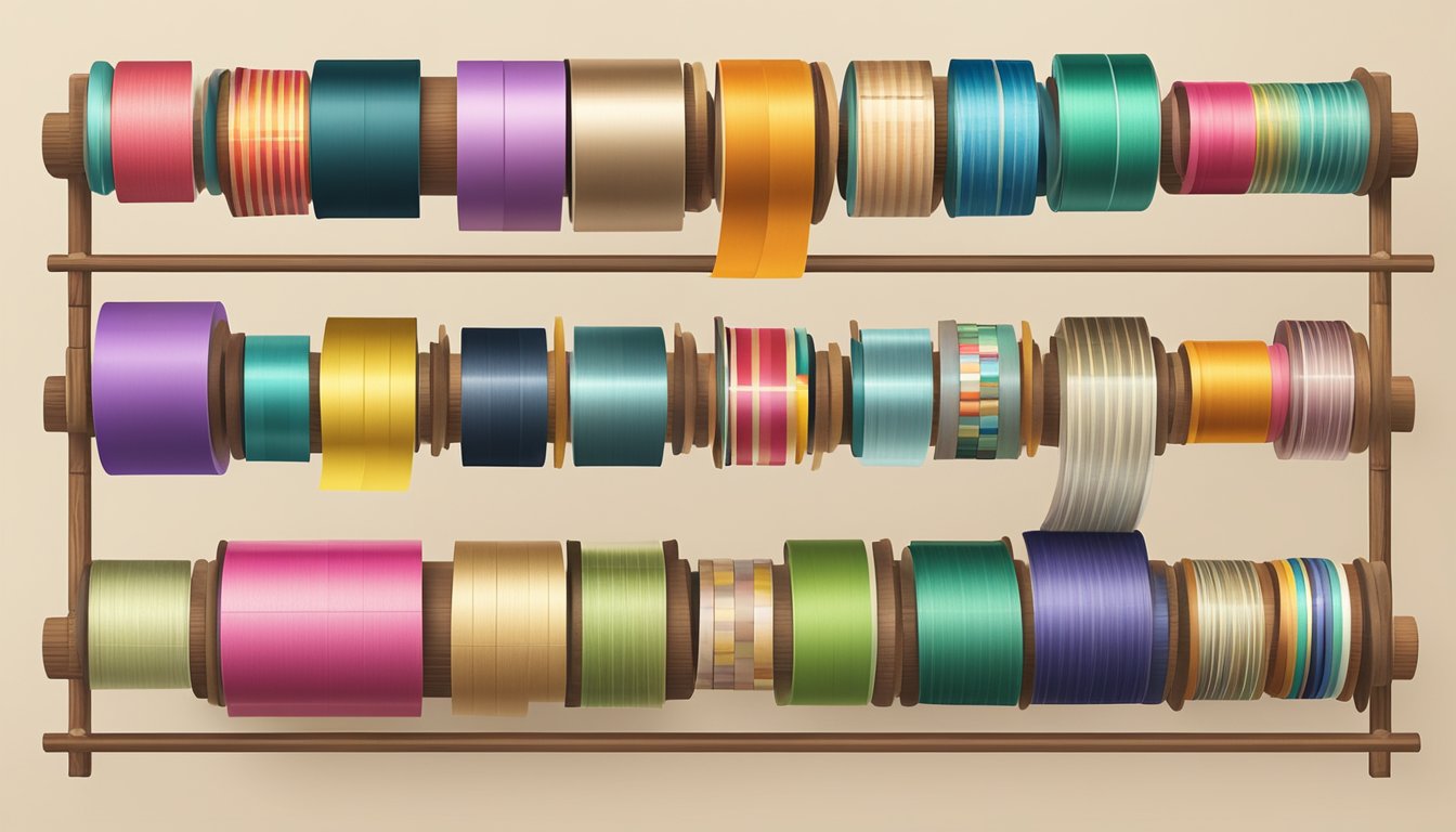 Colorful washi tape spools arranged in a historical timeline display