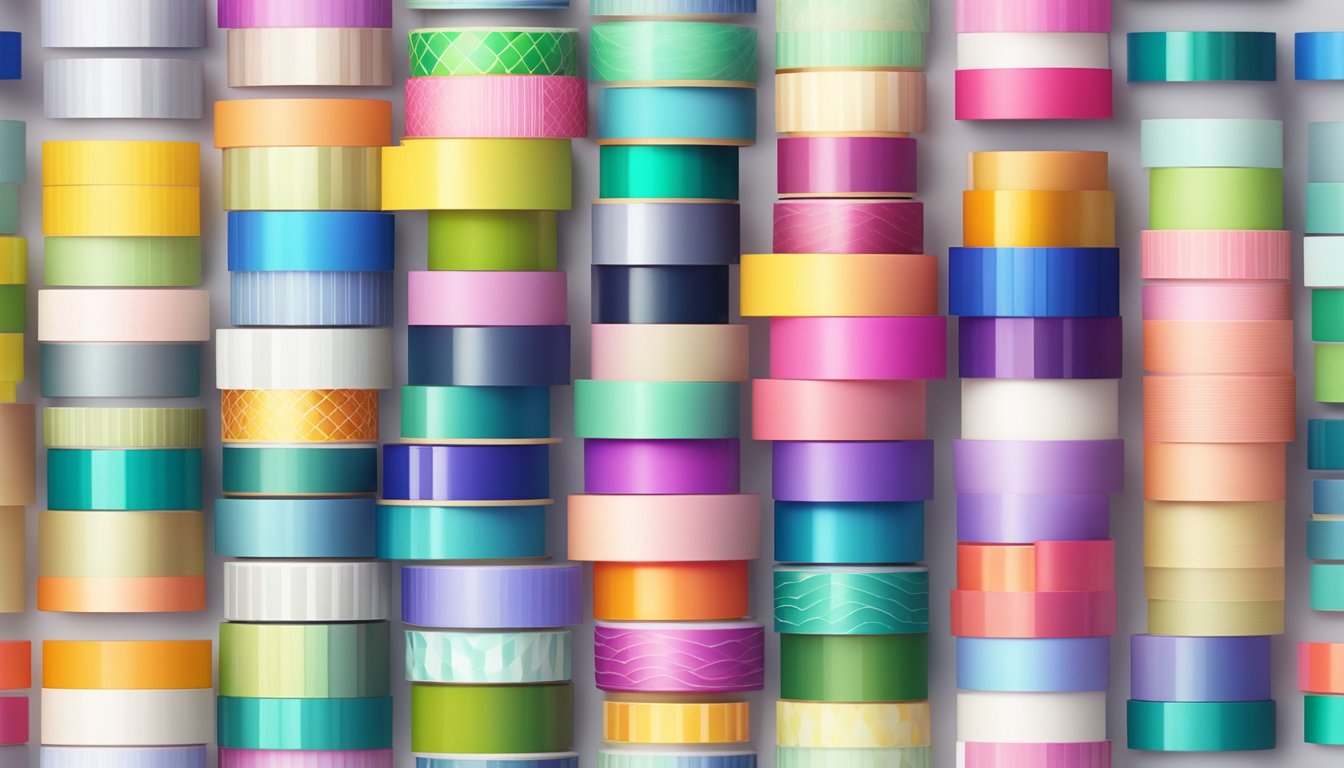 Various colorful washi tape rolls arranged in a gradient pattern on a clean white surface