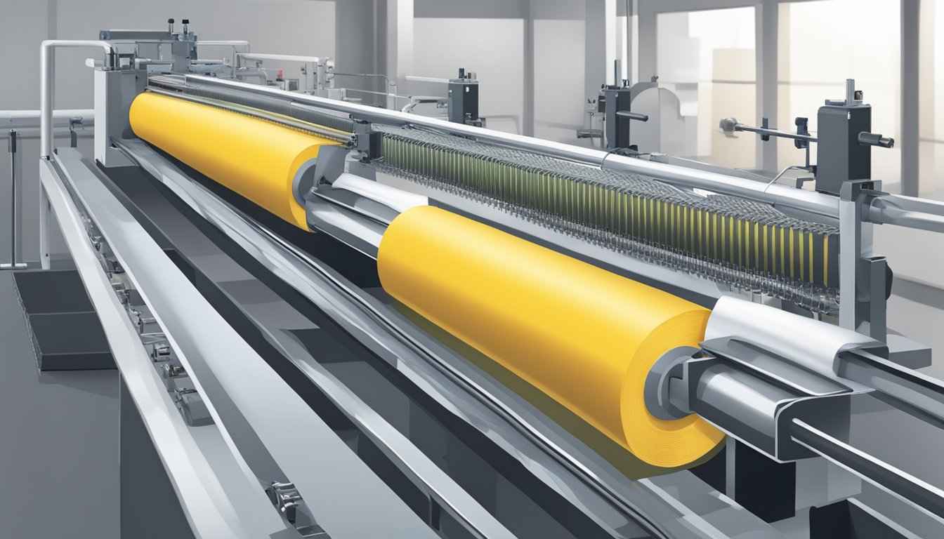 Machinery pulls and weaves fiberglass tape in a manufacturing process