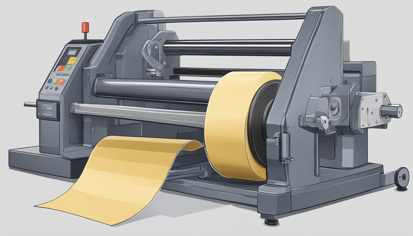 A large roll of crepe paper tape sits on a machine, ready for use. The tape is tightly wound and the roll is marked with product information