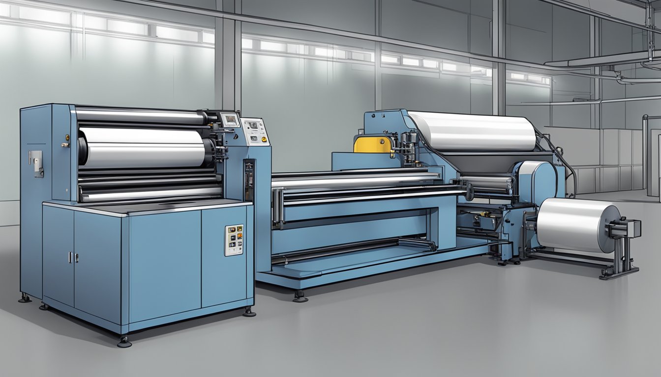 A machine coats a roll of BOPP film with a custom design, while another machine cuts and packages the finished product