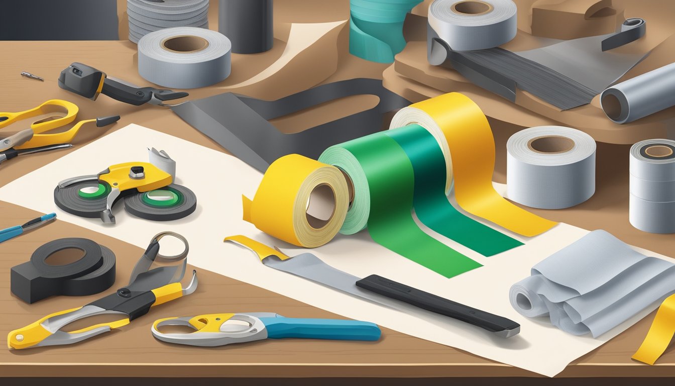 A roll of damp-proof cloth tape sits on a workbench, surrounded by tools and materials. The tape is unraveled and shows a textured, water-resistant surface