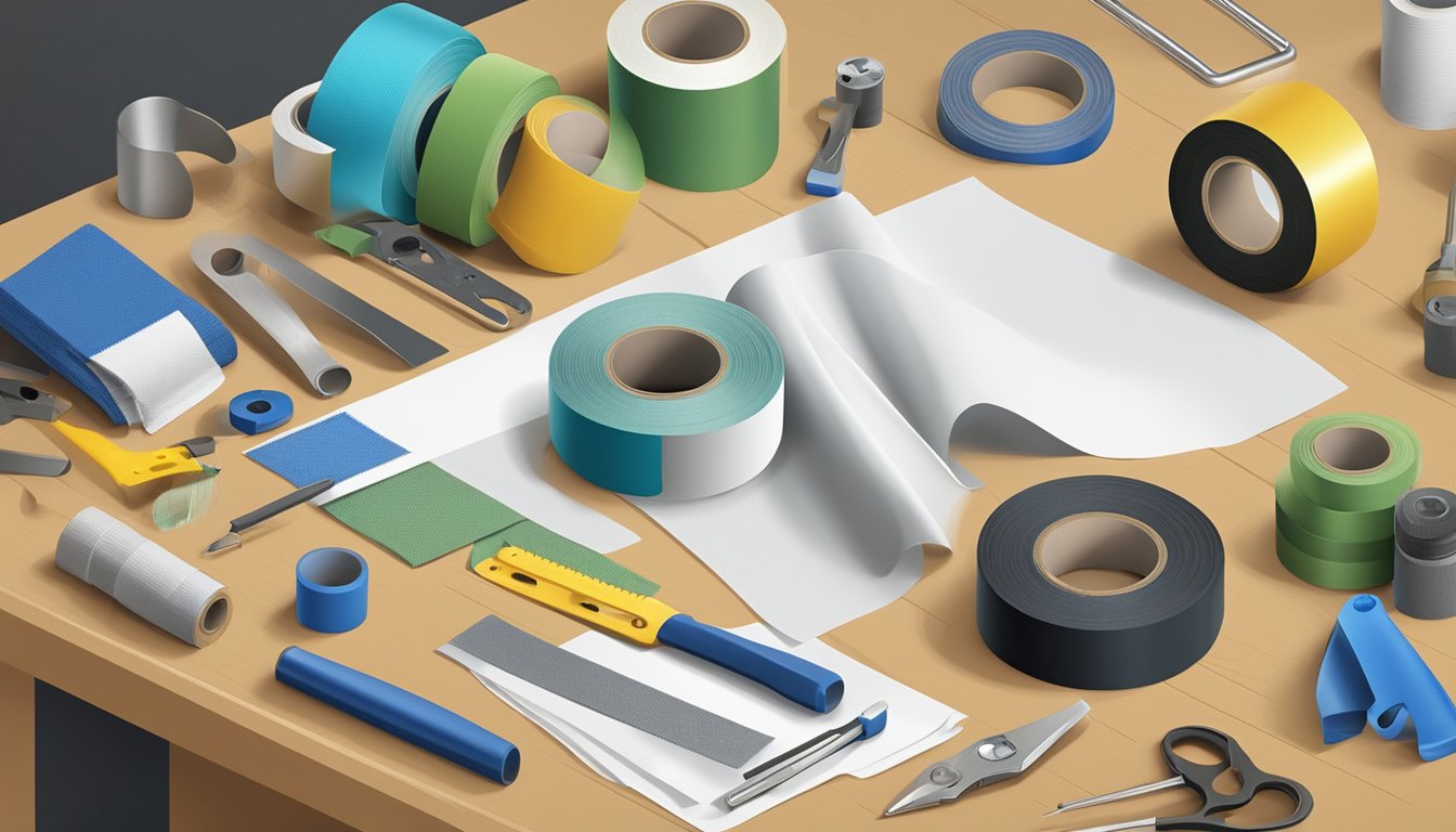 A roll of damp-proof cloth tape lies on a workbench, surrounded by various tools and materials