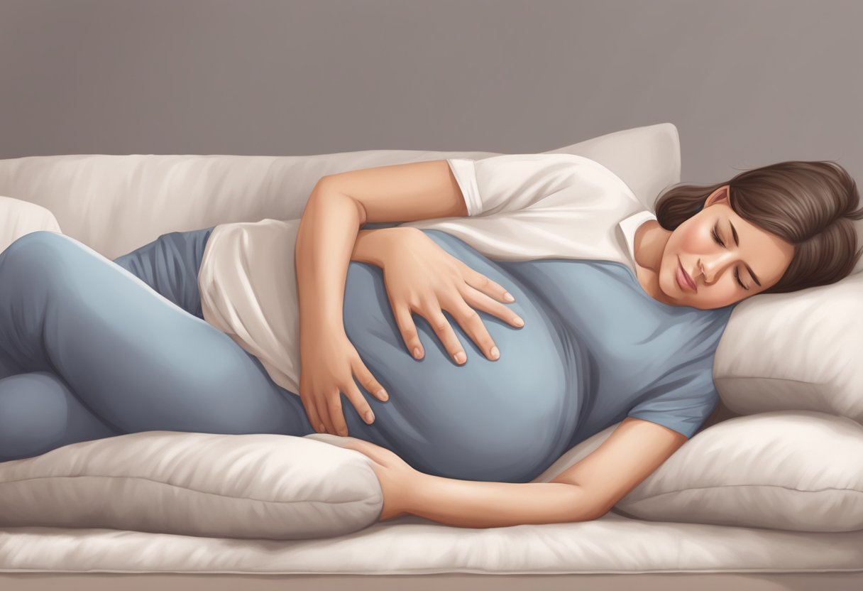 A pregnant person lies on their side with a pillow between their knees and under their belly, providing support and relieving pelvic pain
