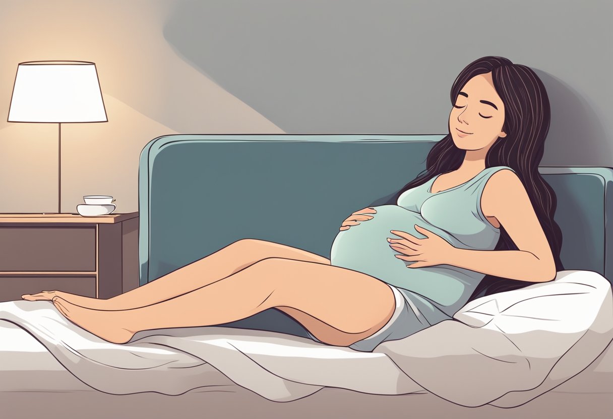 A pregnant woman lies in bed with a pillow between her legs, propping them up to alleviate pelvic pain. She looks comfortable and relaxed as she prepares to sleep