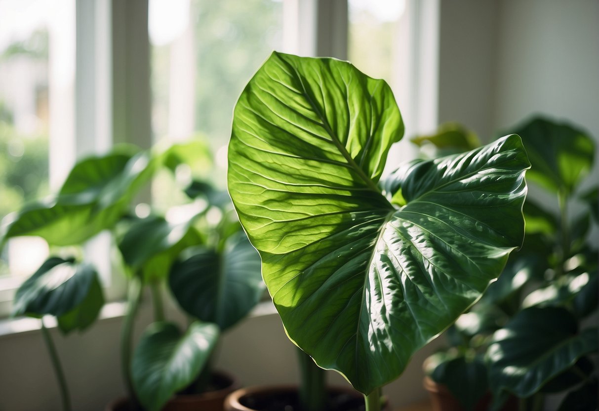 Alocasia Nebula Elaine being watered in a bright, airy room with dappled sunlight filtering through the leaves
