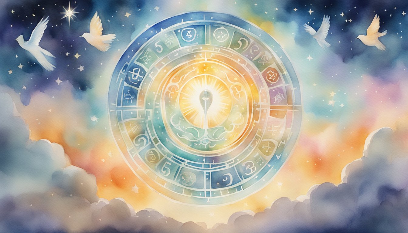 A glowing number 638 surrounded by celestial symbols and angelic figures, radiating a sense of guidance and spiritual connection