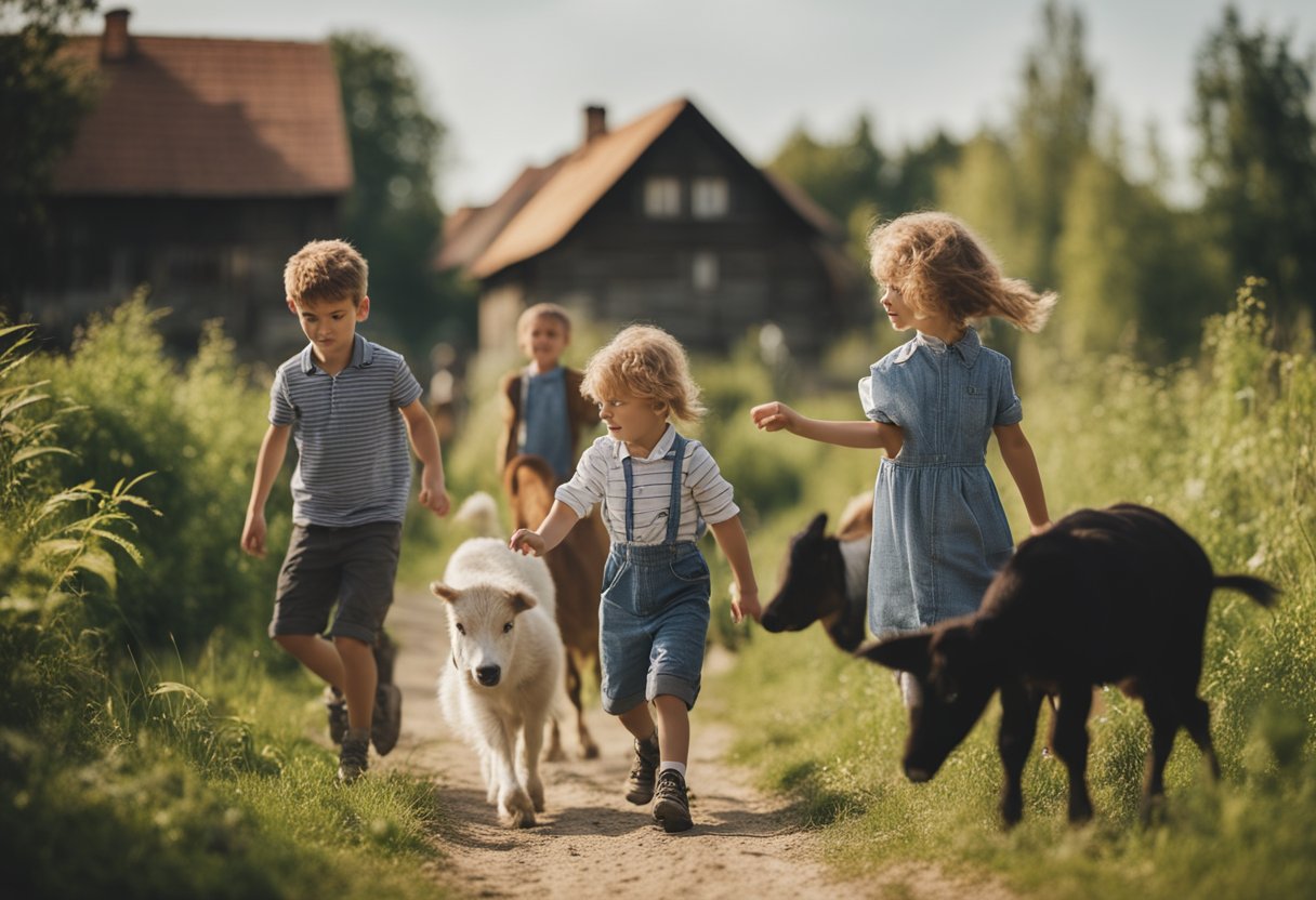 Children playing in a Polish village, discovering new experiences. They explore the countryside, see farm animals, and visit local landmarks