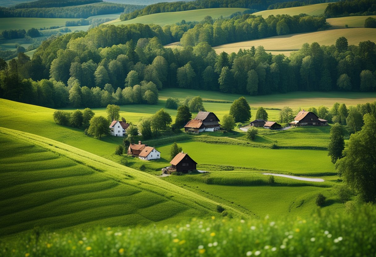 A peaceful Polish countryside with rolling hills and charming farmhouses. A winding river flows through the landscape, surrounded by lush greenery and colorful wildflowers