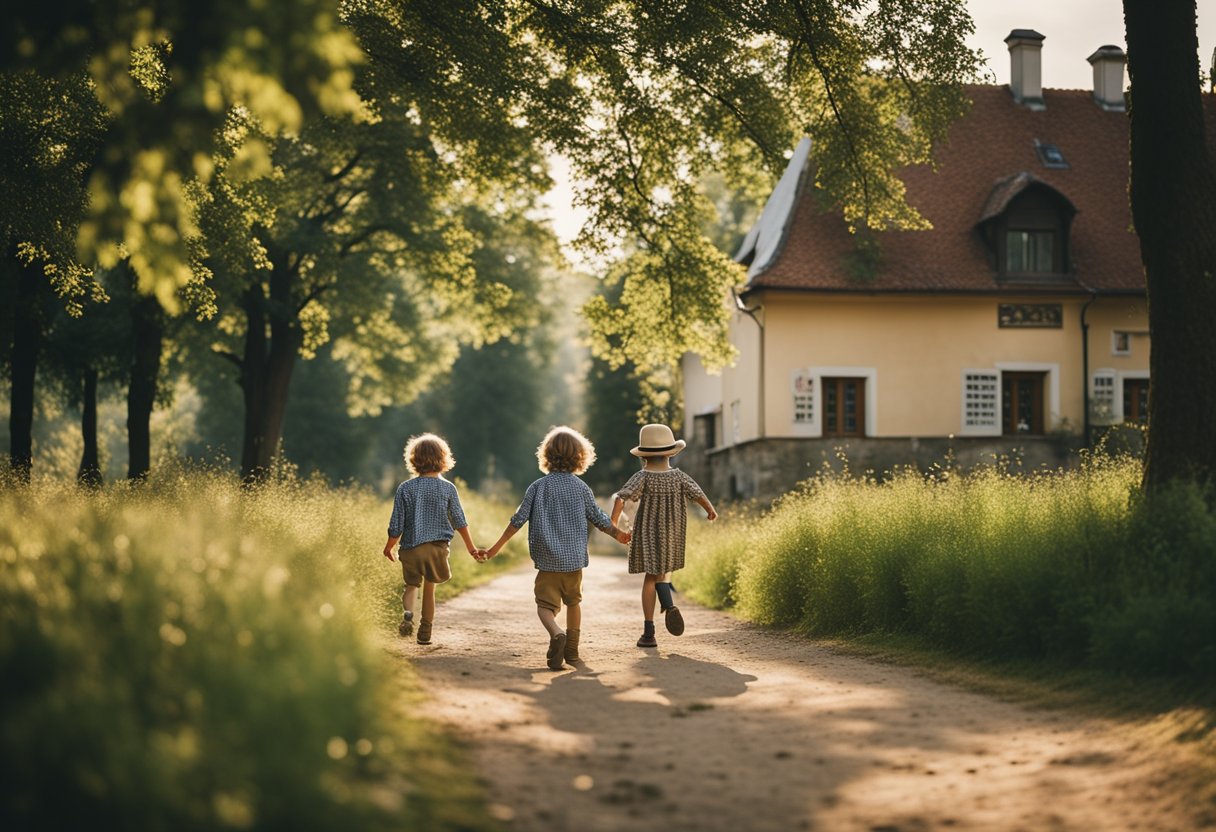 Children playing in a lush Polish countryside, discovering new experiences. A charming village scene with traditional architecture and vibrant nature