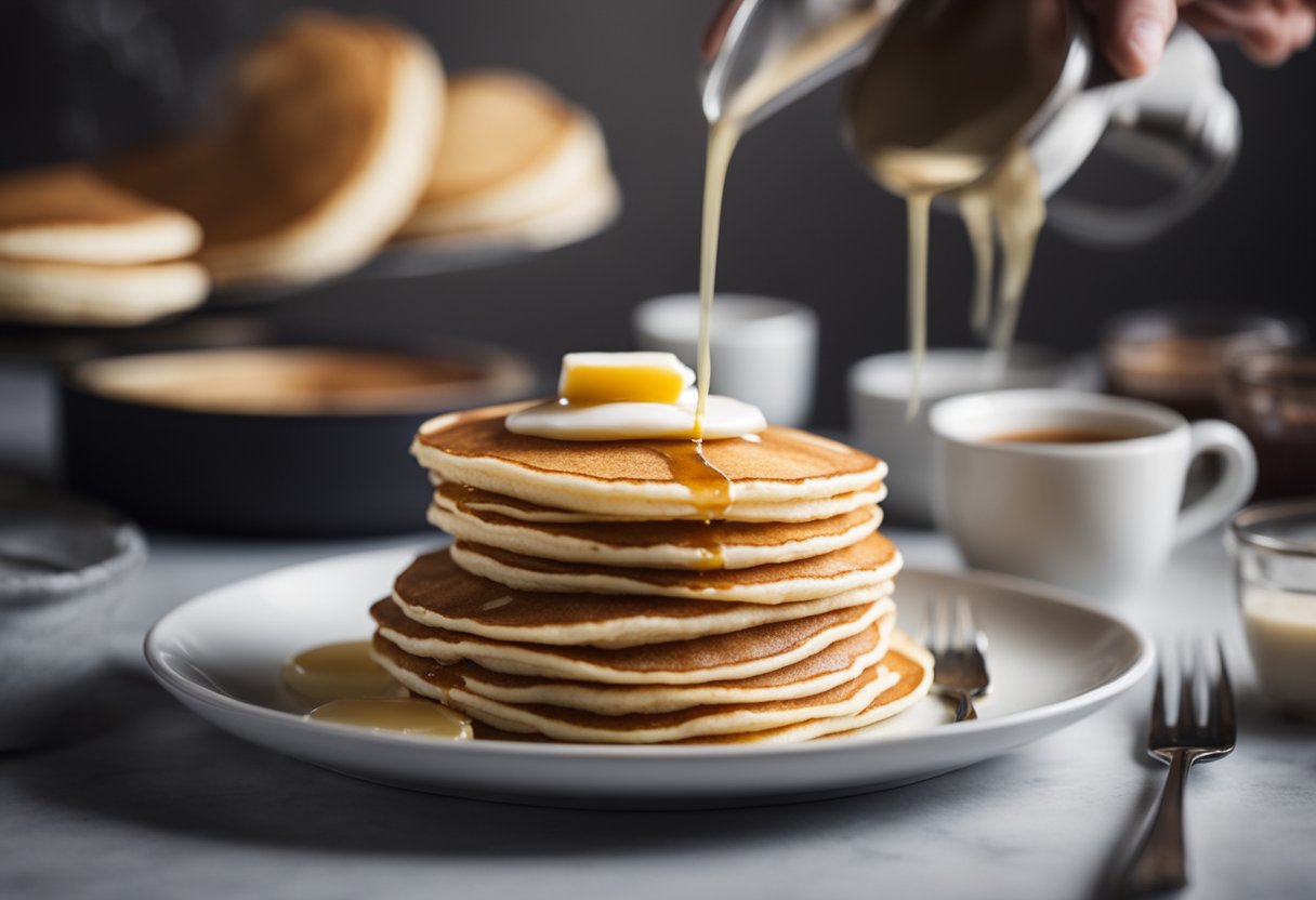 A stack of thin, crepe-like pancakes sits next to a pile of fluffy, thick American-style pancakes. A fork hovers between the two, as if trying to decide which is better