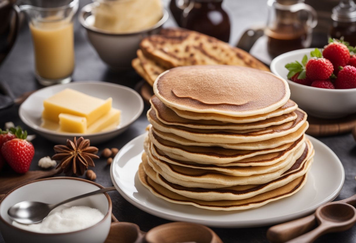 A table set with a variety of ingredients and utensils for making both pancakes and crepes, with a stack of cookbooks in the background