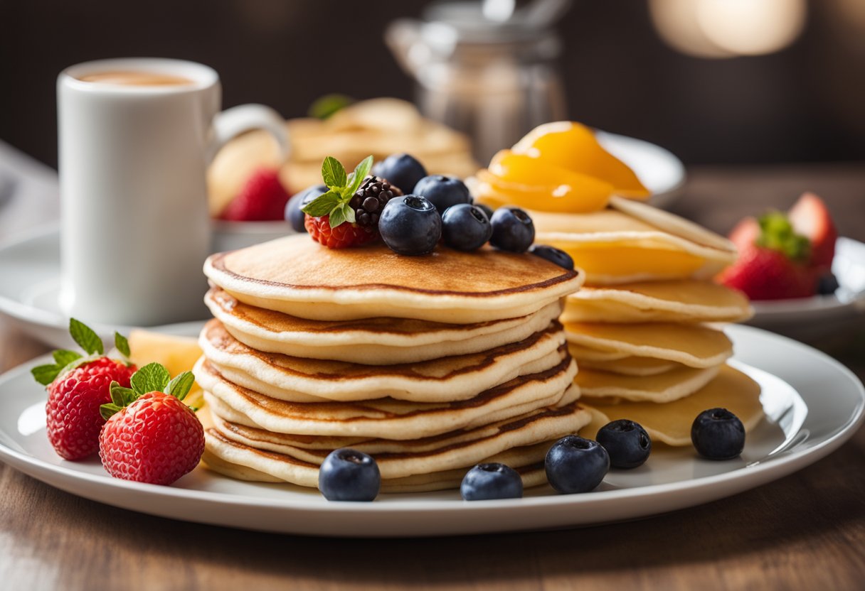 A stack of fluffy pancakes and a plate of delicate crepes sit side by side, surrounded by fresh fruit and drizzled with syrup, inviting a comparison between the two beloved breakfast options