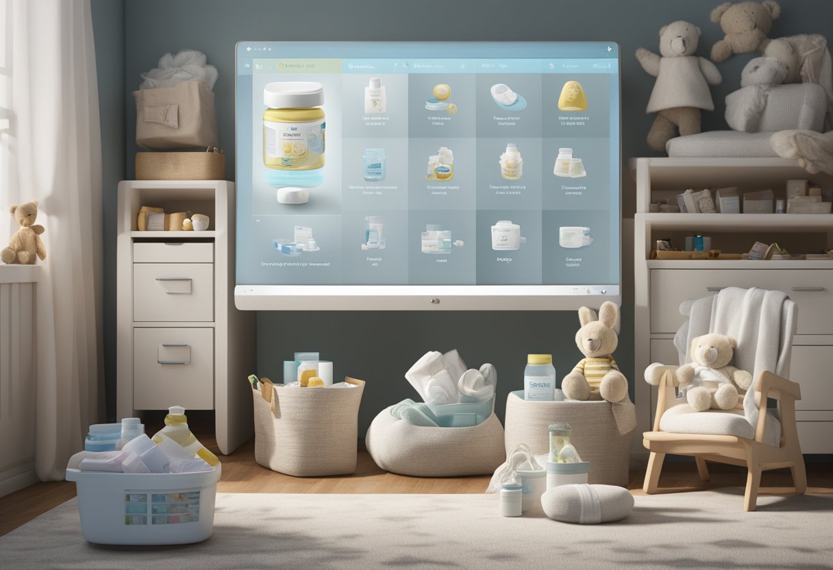 Uma tela de computador exibe uma lista de itens de enxoval para bebês, incluindo produtos de saúde e higiene pessoal. Vários itens de cuidados com o bebê estão bem dispostos ao redor da tela