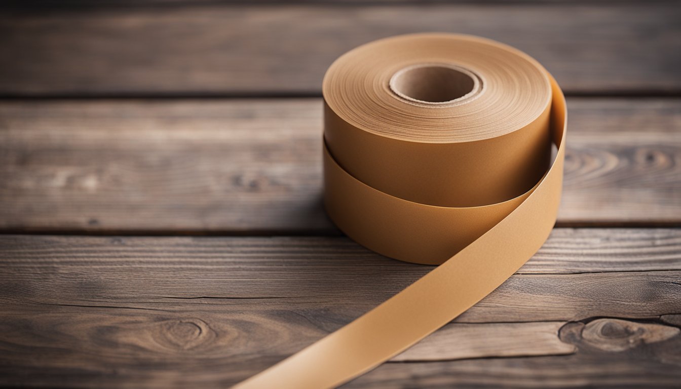 A roll of degradable kraft tape sits on a wooden table, with a pair of scissors next to it. The tape is unrolled slightly, showing its brown, eco-friendly material