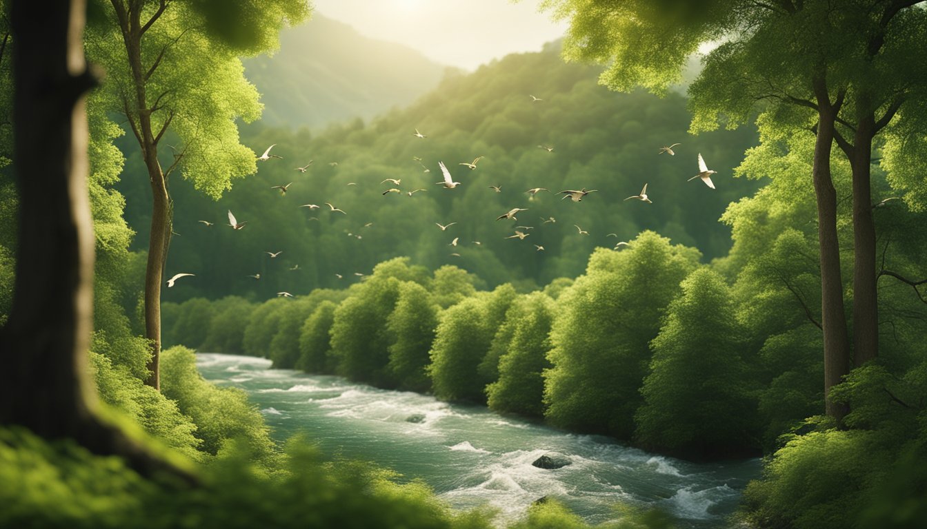 A lush green forest with a flowing river, birds flying overhead, and animals roaming freely, all wrapped in degradable kraft tape