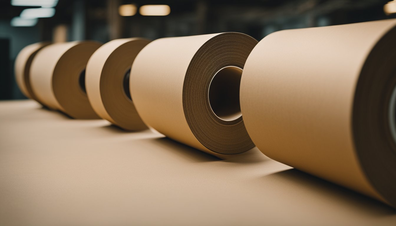 Machines coat kraft paper with biodegradable adhesive, then cut and wind into rolls