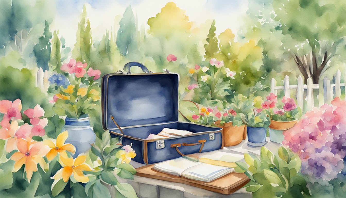 A lush garden with blooming flowers and fruitful trees, surrounded by symbols of career success such as a briefcase and a diploma