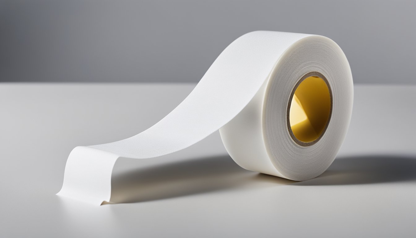 A roll of double-sided cloth tape lies on a clean, white surface, with the adhesive sides facing up. The tape is neatly wound and the edges are straight and even