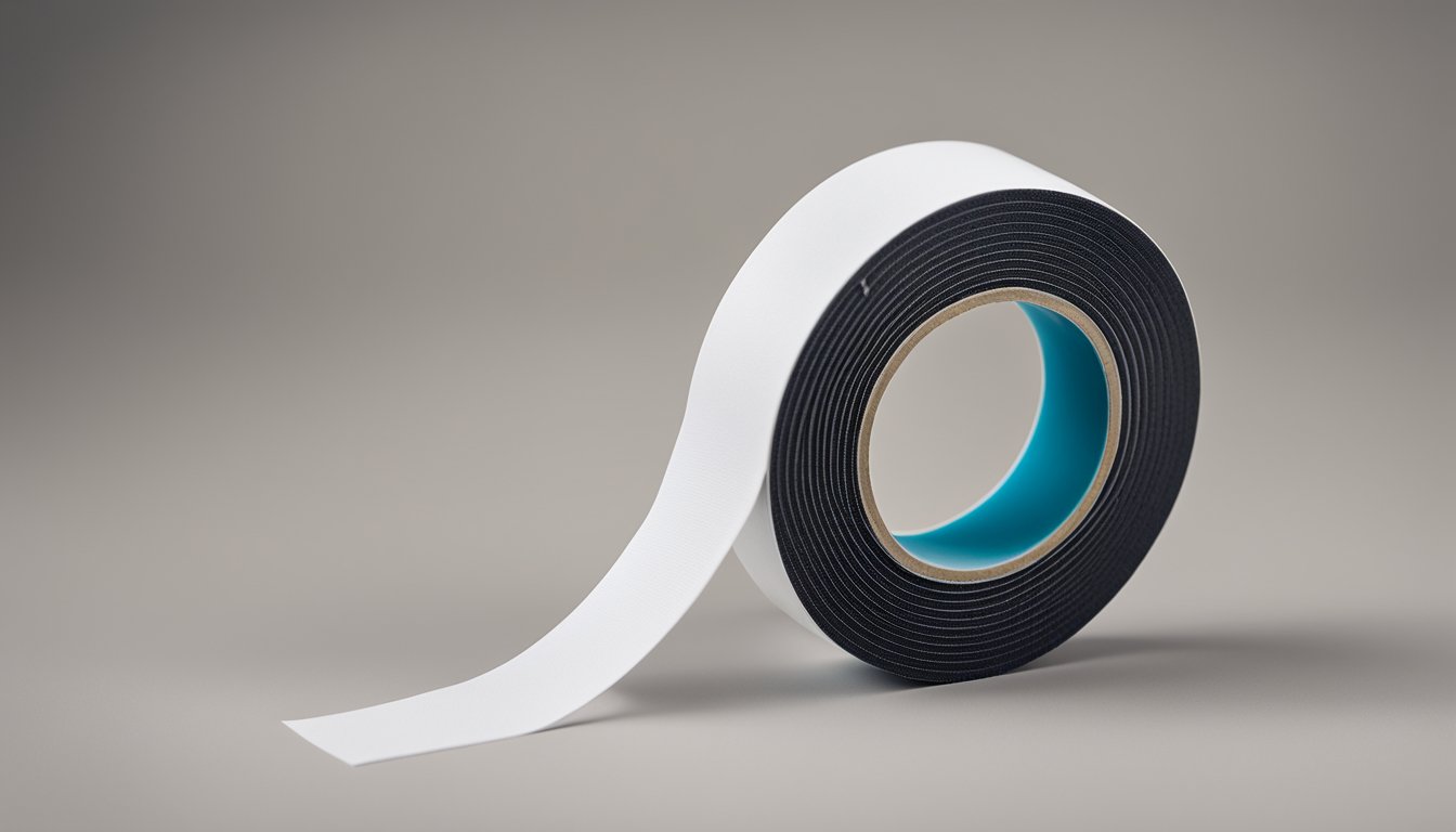 A roll of double-sided EVA foam tape lies on a clean, white surface, with the adhesive side facing up and the foam side visible