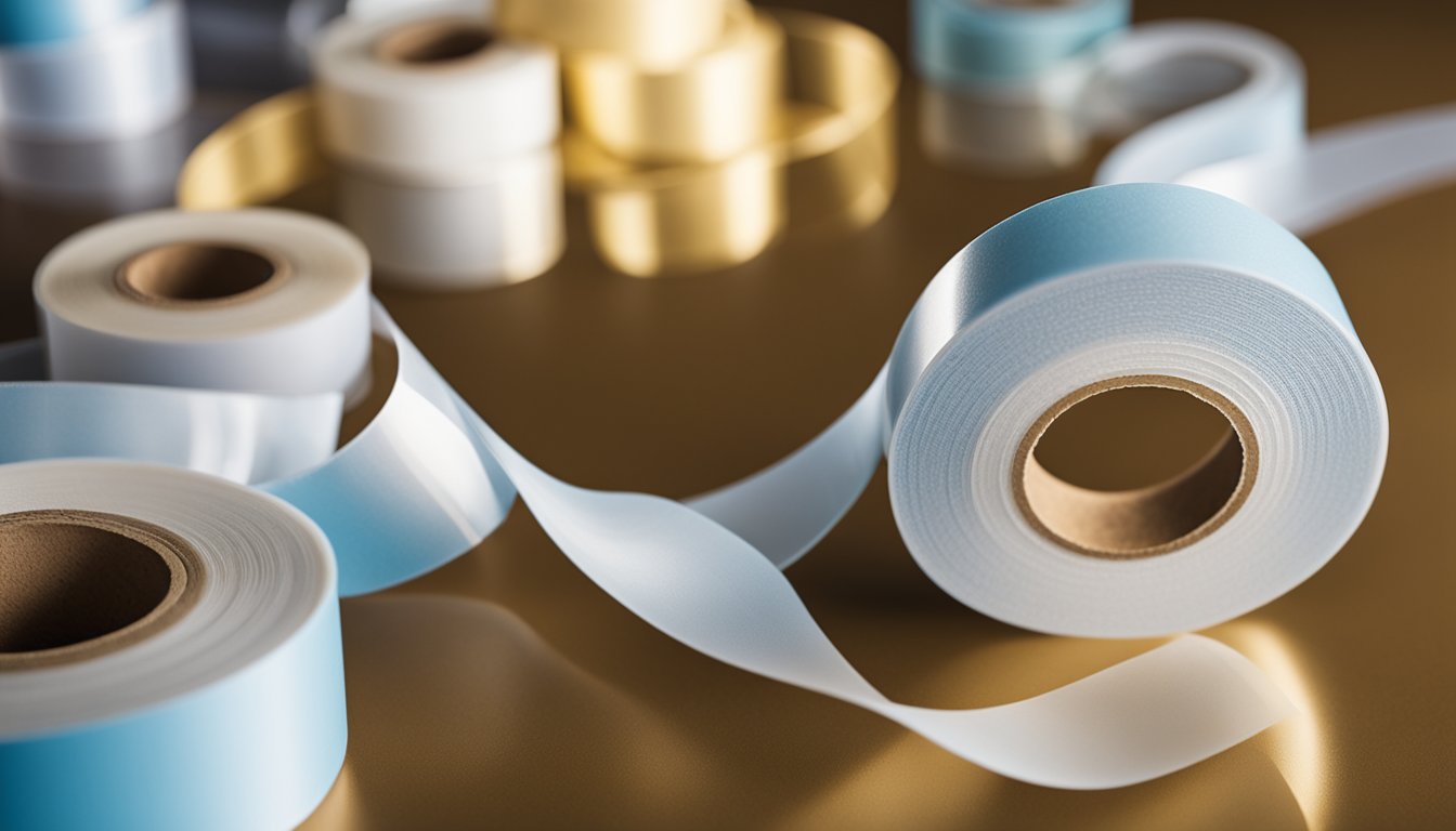 A roll of double-sided OPP tape unrolled and adhered to two surfaces
