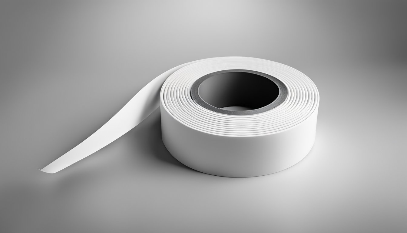 A roll of double-sided PE foam tape unrolled and adhered to a smooth surface, with the adhesive side facing up and ready for use
