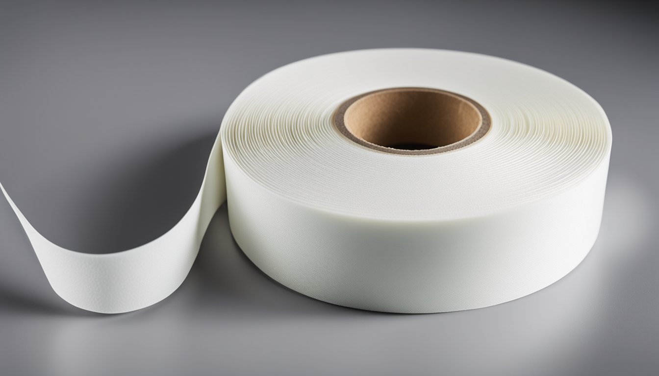 A roll of double-sided PE foam tape unraveled on a clean surface, showing both adhesive sides