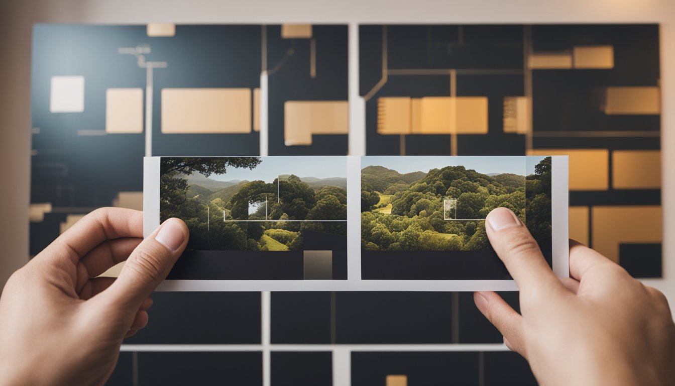 Two hands using double-sided PE foam tape to mount a picture on a wall