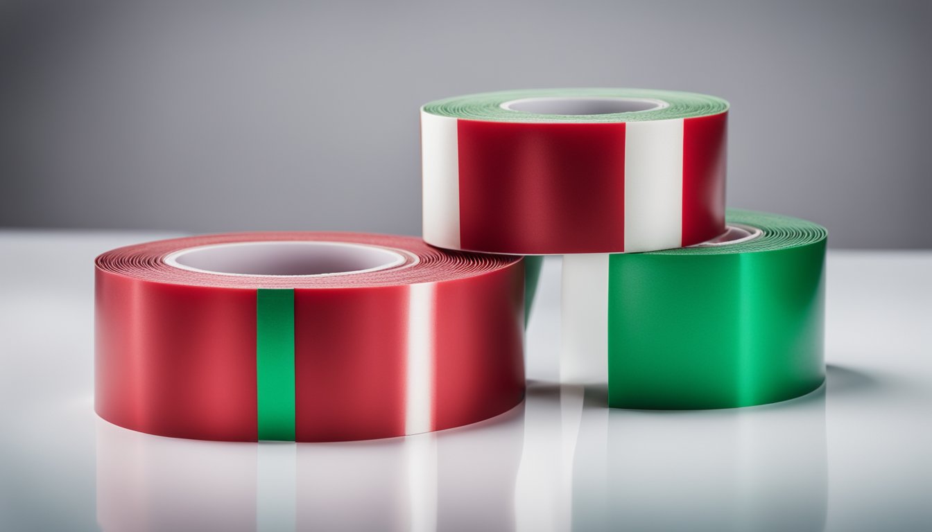 Two rolls of double-sided PE foam tape, one with red backing and the other with green, lying side by side on a clean white surface